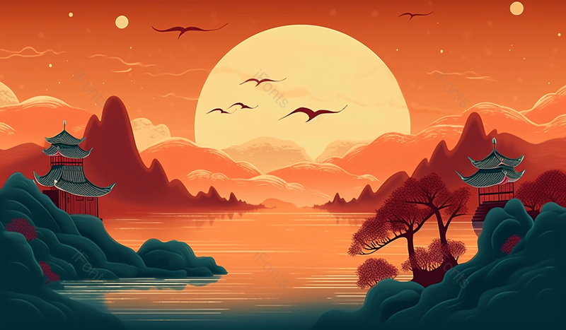 国潮秀丽山水湖泊自然美景,插画/手绘图,插画/手绘图库,插画/手绘图下载,插画/手绘